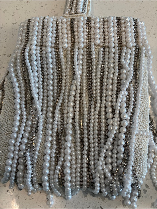 Handbags - Pearl Beaded Fringe Evening Bag - White and Silver